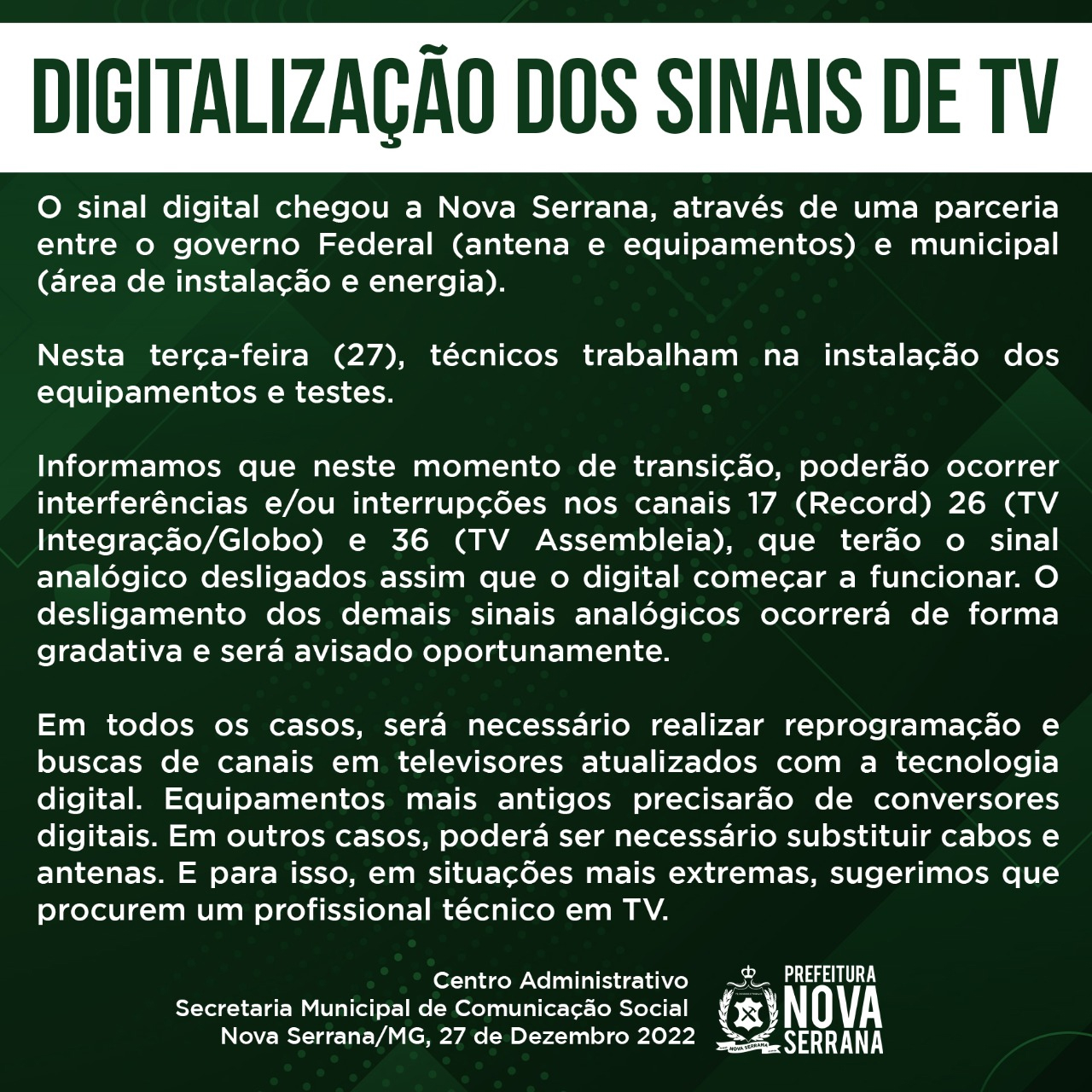 DIGITALIZAÇÃO DOS SINAIS DE TV ABERTA CHEGA A NOVA SERRANA - Jornal O ...