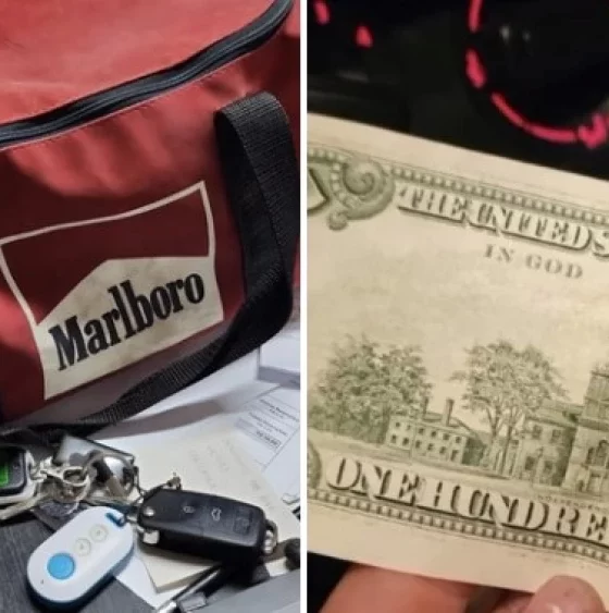 Na imagem da esquerda há uma mala de mão vermelha, com a logo da Malboro, marca de cigarros, na lateral. A mala possui alças pretas. Na direita, há uma nota de cem dólares. Dinheiro estava em um envelope pardo, no fundo da mala - Imagem: cedida à Itatiaia - Reprodução/Redes Sociais