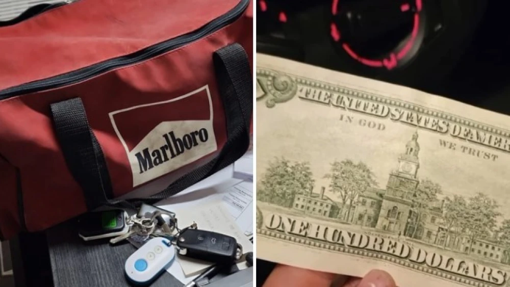 Na imagem da esquerda há uma mala de mão vermelha, com a logo da Malboro, marca de cigarros, na lateral. A mala possui alças pretas. Na direita, há uma nota de cem dólares. Dinheiro estava em um envelope pardo, no fundo da mala - Imagem: cedida à Itatiaia - Reprodução/Redes Sociais